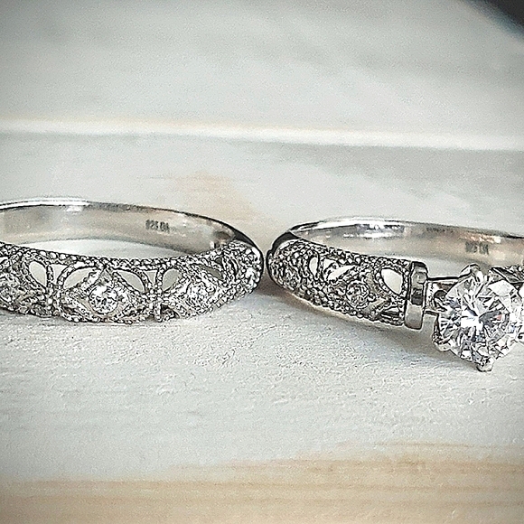 Vintage Style Sterling Silver Filigree Bridal Ring Set CZ Milgrain Details 925 - Picture 6 of 12